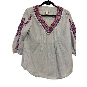 Chicos Embroidered V-Neck Striped Tunic Top Womens Size 1/M/8 Cotton Blend 3/4 S